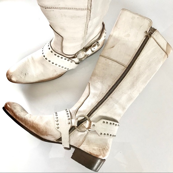 Mark Nason Shoes - Mark Nason White Distressed Moto Harness Boots